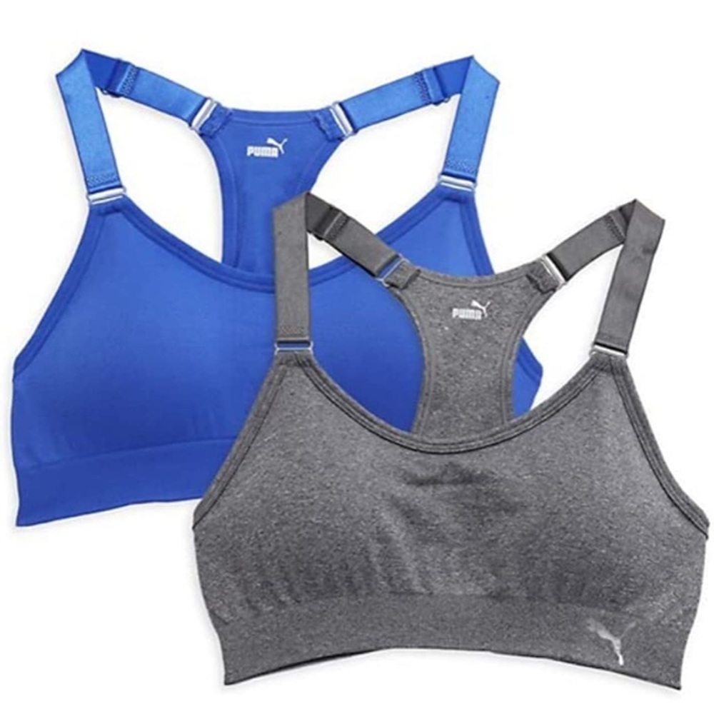 PUMA Women's Seamless Sports Bra with Removable Cups 2/PK, Royal Blue/Grey,